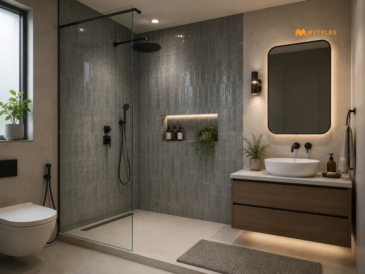 Charcoal Picket Tiles Behind a Rain Shower